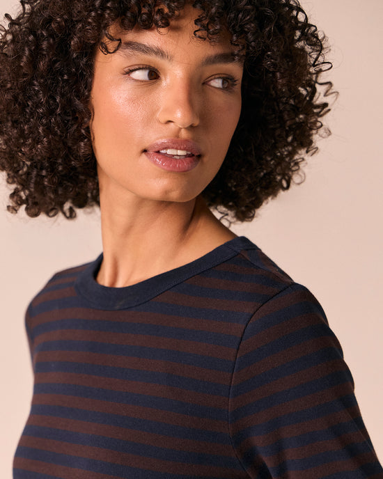 model wears lila chocolate and ink jersey top