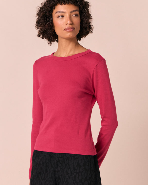 model wears lila loganberry jersey top