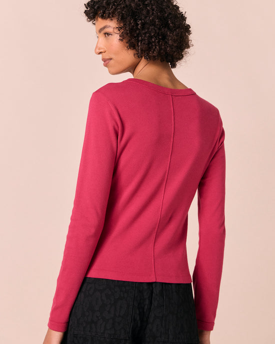 model wears lila loganberry jersey top