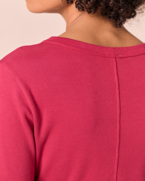 model wears lila loganberry jersey top