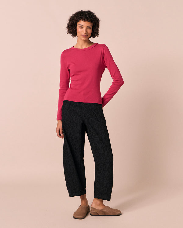 model wears lila loganberry jersey top