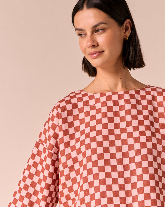 model wears lily rosewood checkerboard linen top