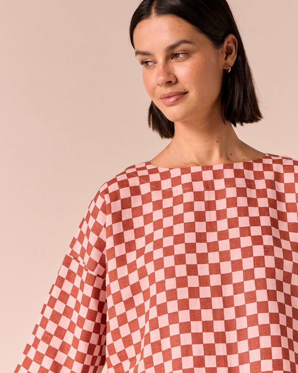 model wears lily rosewood checkerboard linen top