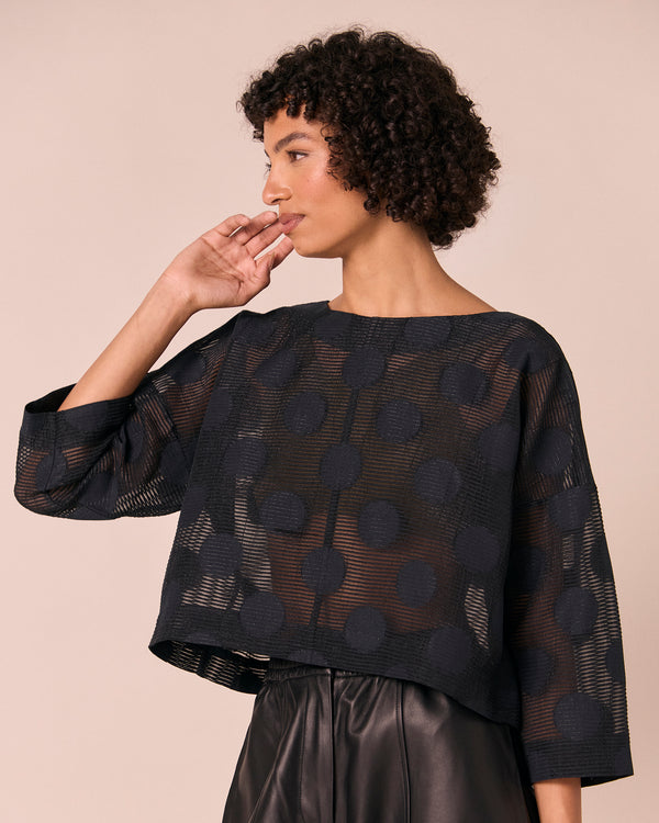 model wears lily black sheer spot top