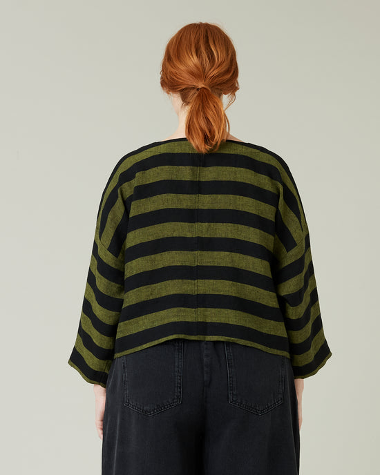 pregnant model wear olive and black stripe linen lily top