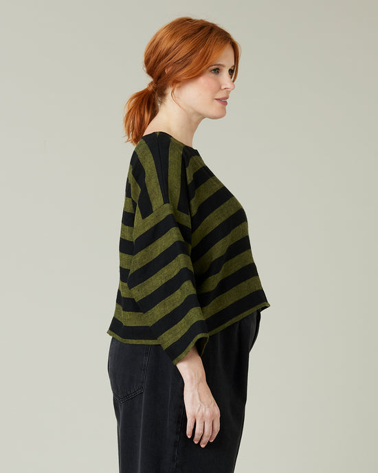 pregnant model wear olive and black stripe linen lily top