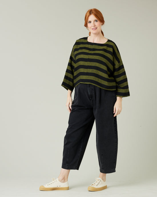 pregnant model wear olive and black stripe linen lily top