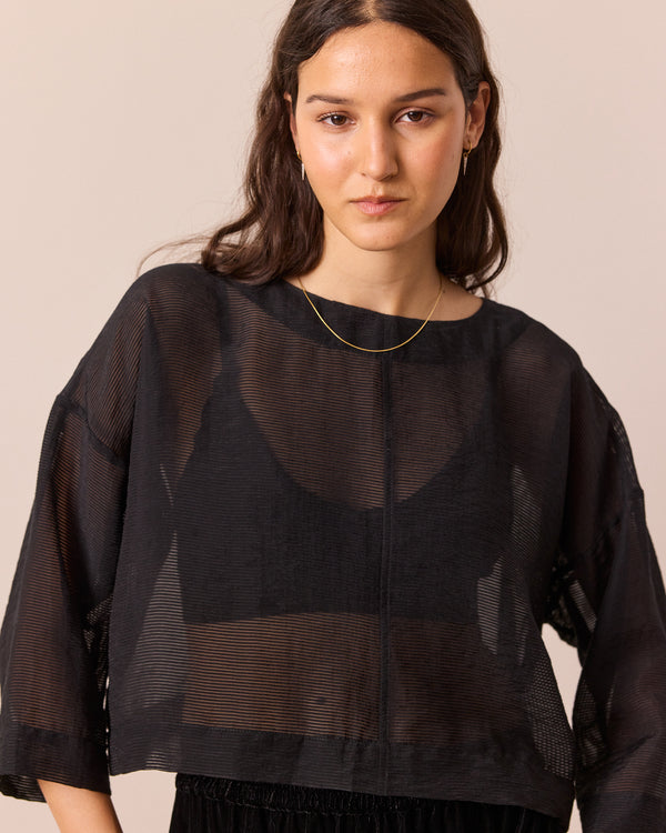 model wears lily black sheer stripe top