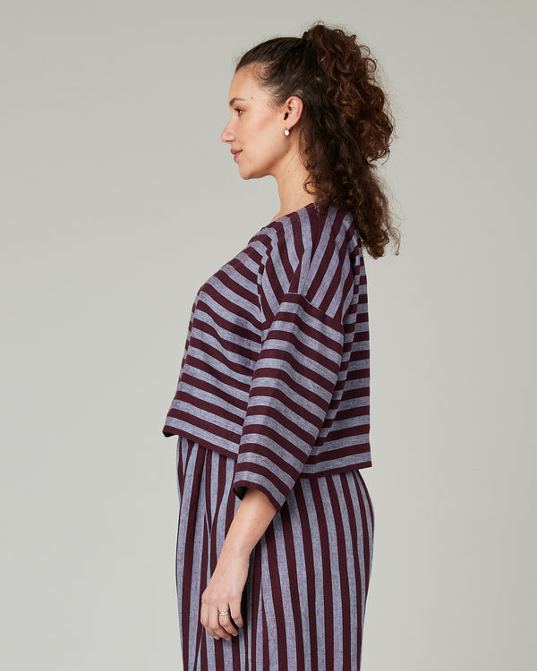 pregnant model wears lily cassis stripe linen top