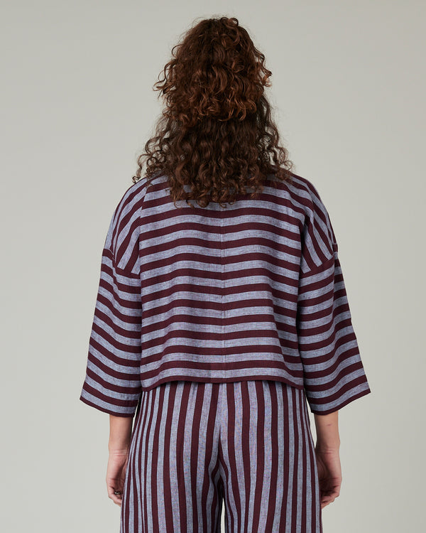 pregnant model wears lily cassis stripe linen top