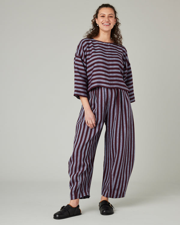 pregnant model wears lily cassis stripe linen top