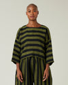 model wear olive and black stripe linen lily top