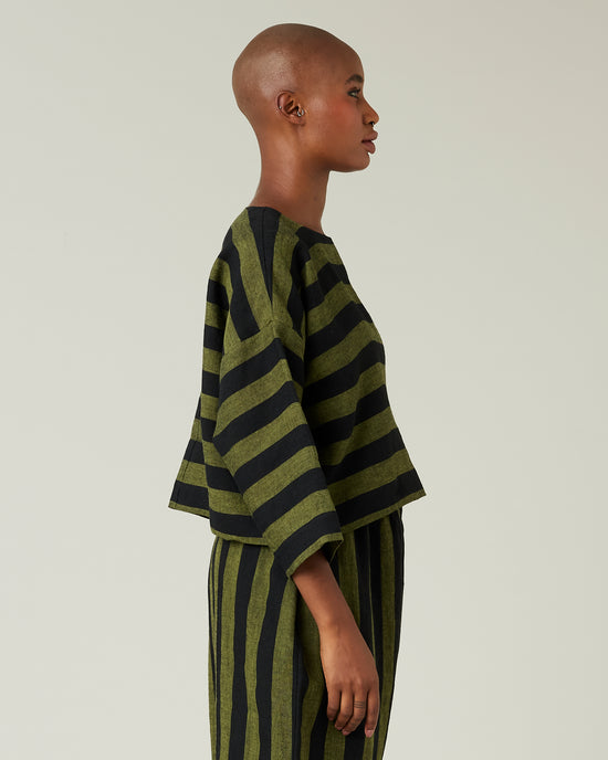 model wear olive and black stripe linen lily top