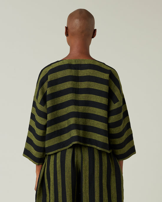 model wear olive and black stripe linen lily top