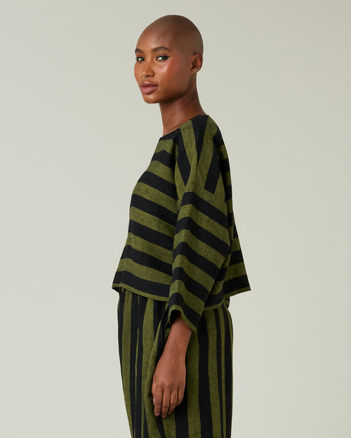 model wear olive and black stripe linen lily top