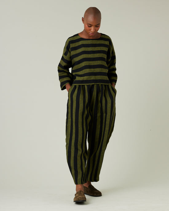 model wear olive and black stripe linen lily top