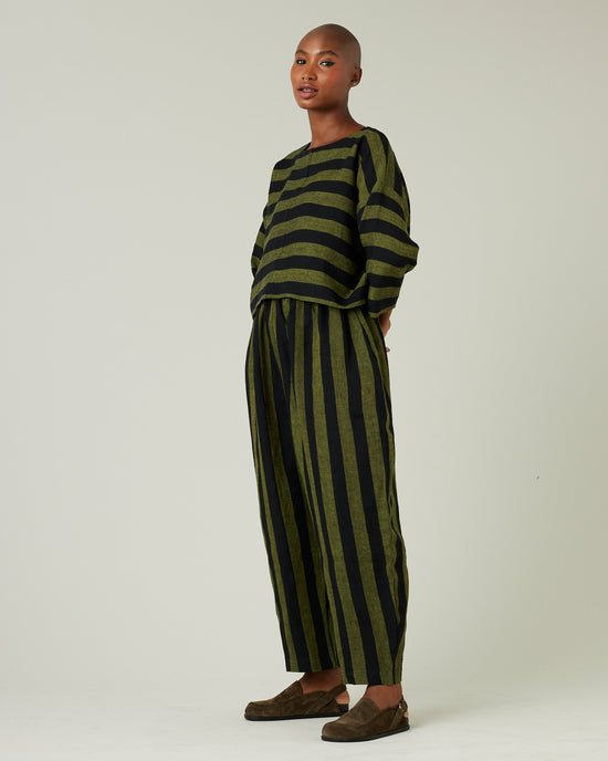 model wear olive and black stripe linen lily top