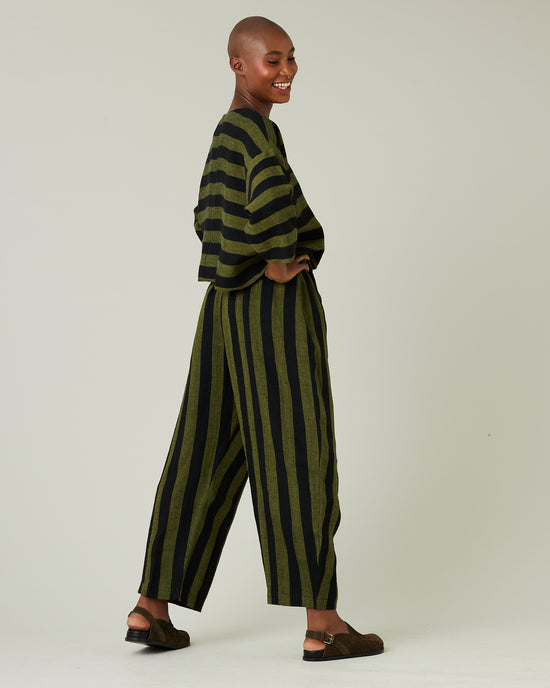 model wear olive and black stripe linen lily top