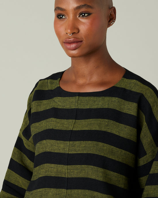 model wear olive and black stripe linen lily top