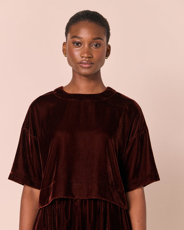model wears lisa umber velvet top
