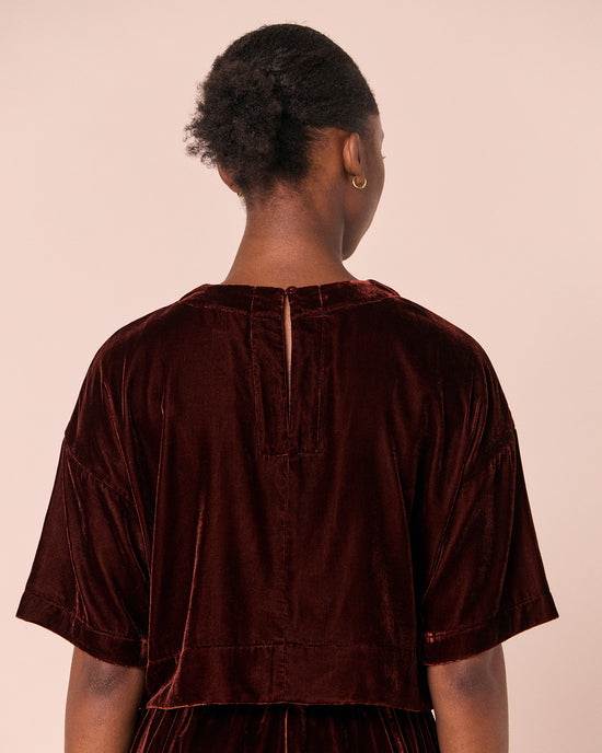 model wears lisa umber velvet top