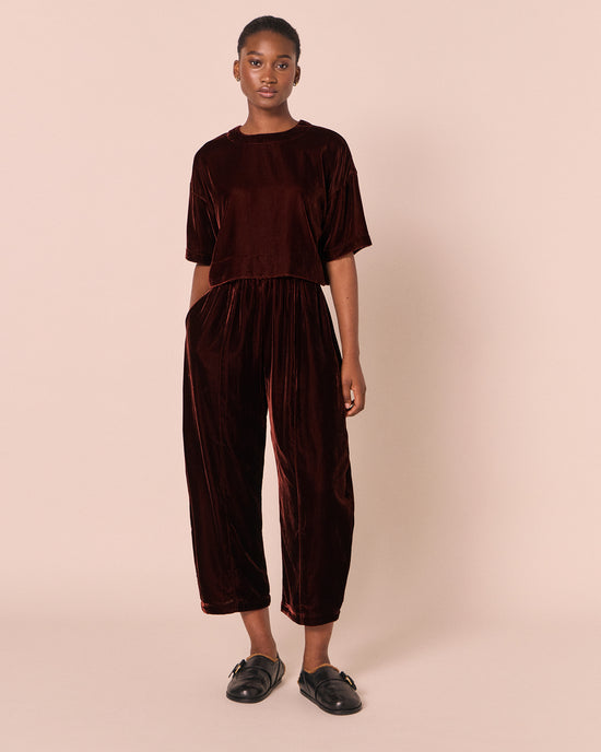 model wears lisa umber velvet top