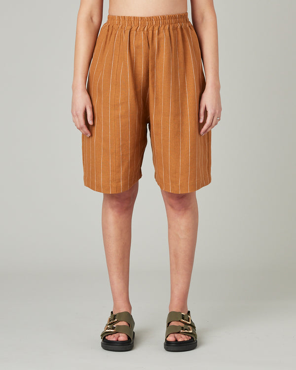 pregnant model wears honey stripe liv linen shorts