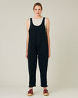 model wears black lola denim jumpsuit