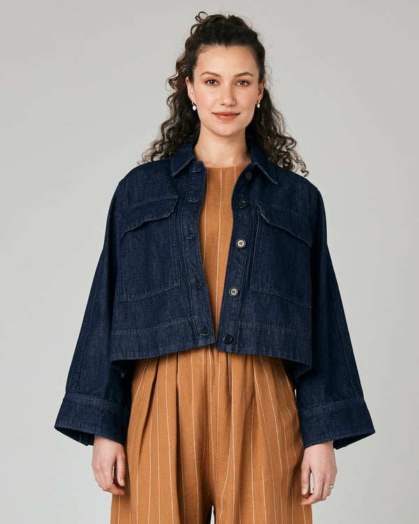 pregnant model wears denim lotta jacket