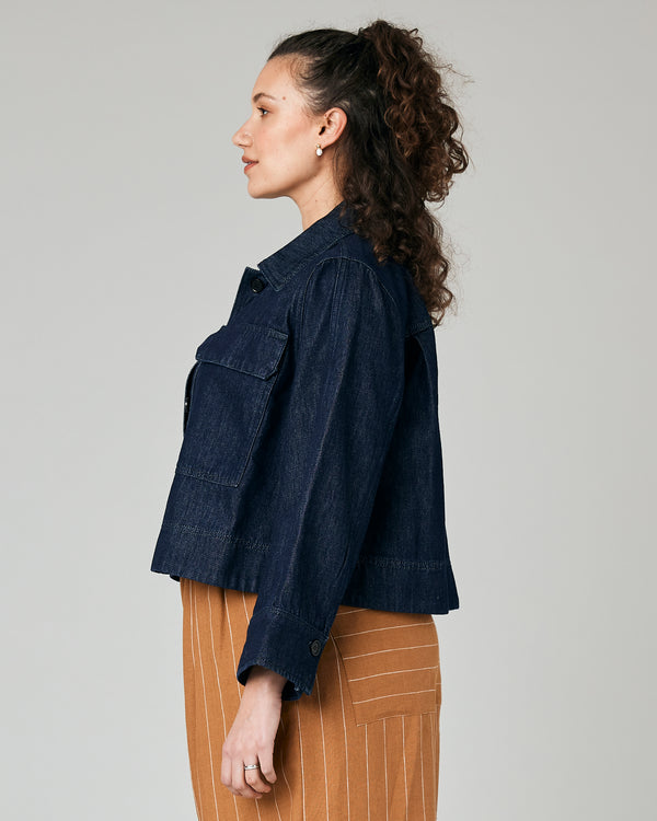 pregnant model wears denim lotta jacket