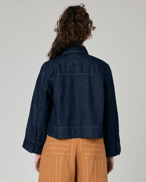 pregnant model wears denim lotta jacket