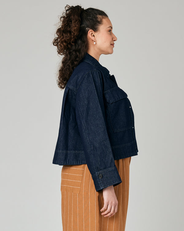 pregnant model wears denim lotta jacket