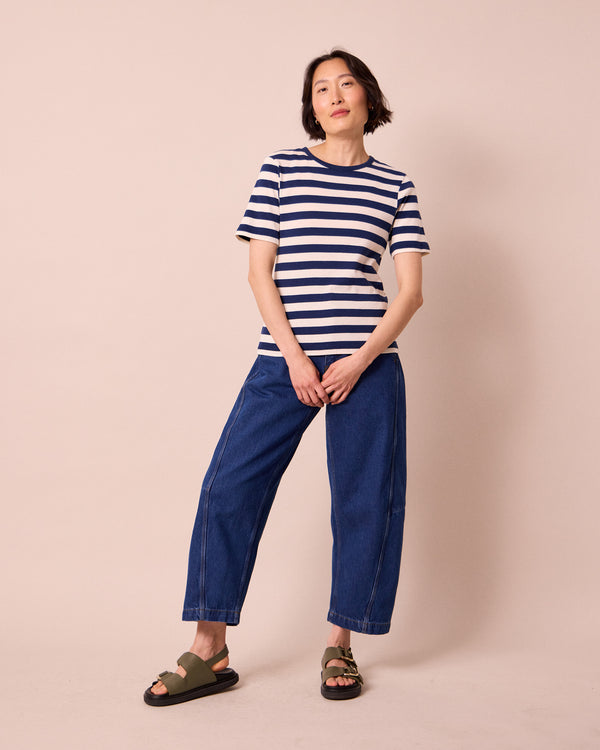 model wears lottie ecru and french navy stripe jersey t shirt