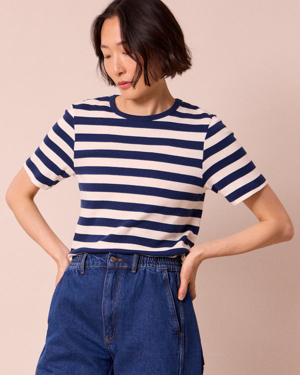 model wears lottie ecru and french navy stripe jersey t shirt