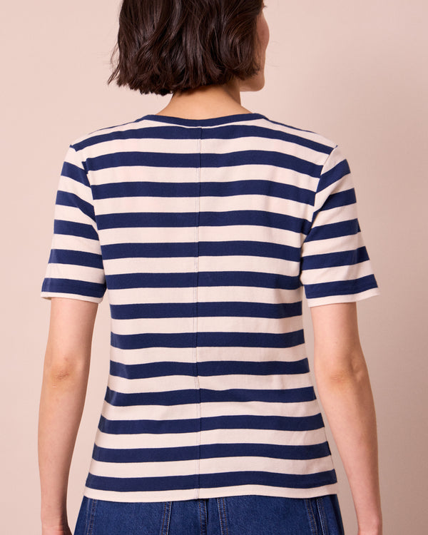 model wears lottie ecru and french navy stripe jersey t shirt