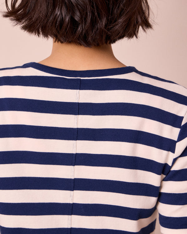 model wears lottie ecru and french navy stripe jersey t shirt