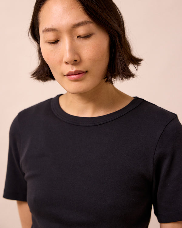 model wears lottie black jersey top