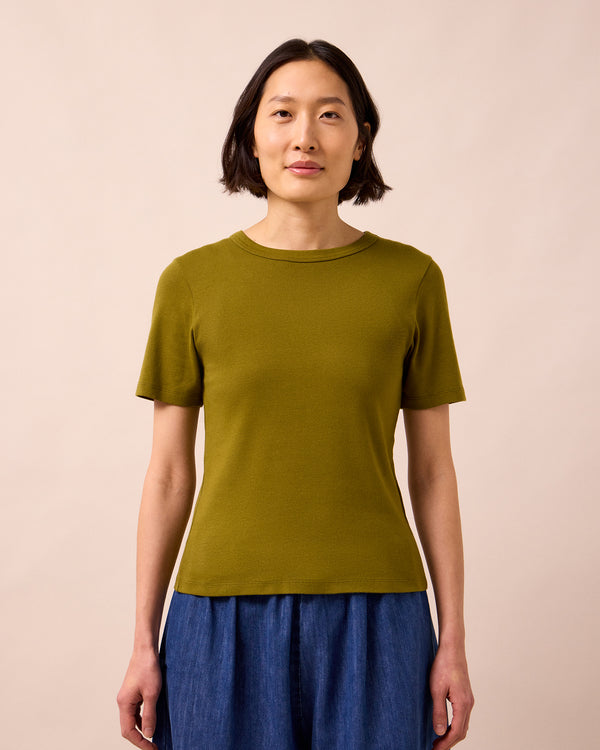 model wears lottie olive jersey top