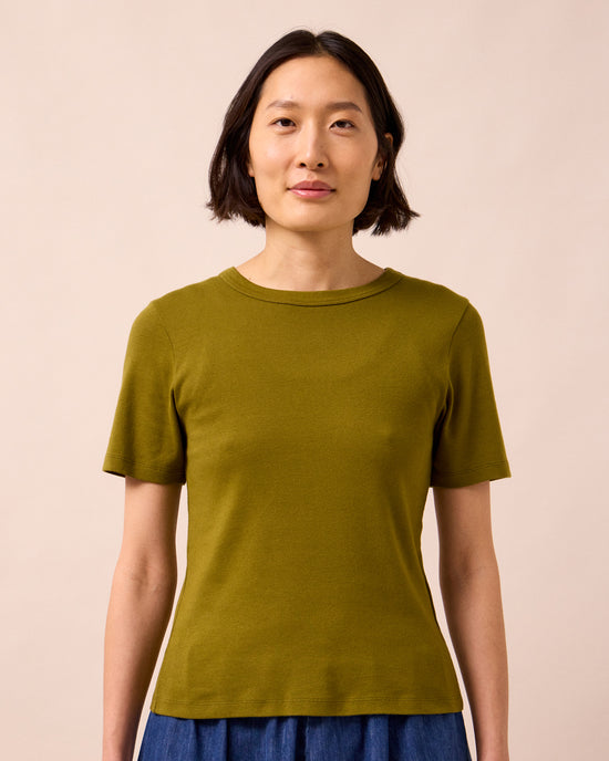 model wears lottie olive jersey top