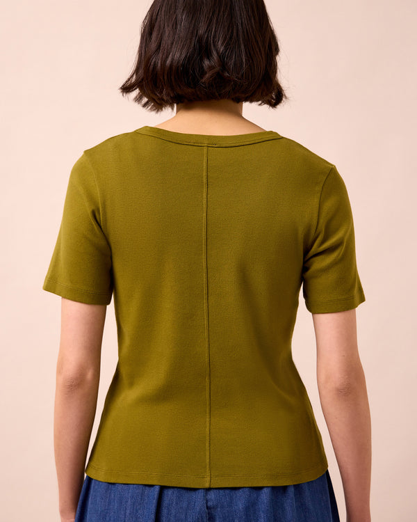 model wears lottie olive jersey top
