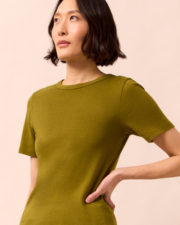 model wears lottie olive jersey top