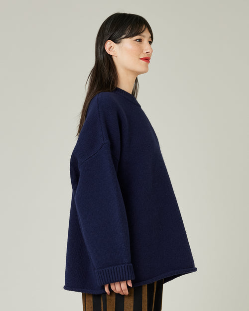 model wears navy knitted luna jumper