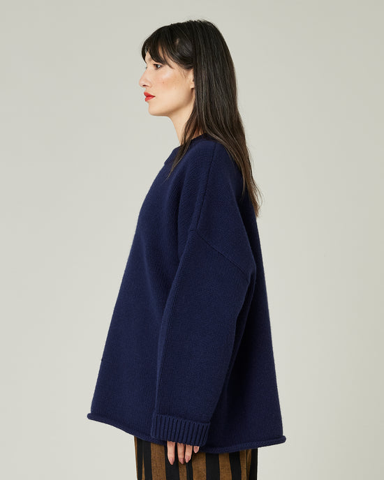 model wears navy knitted luna jumper