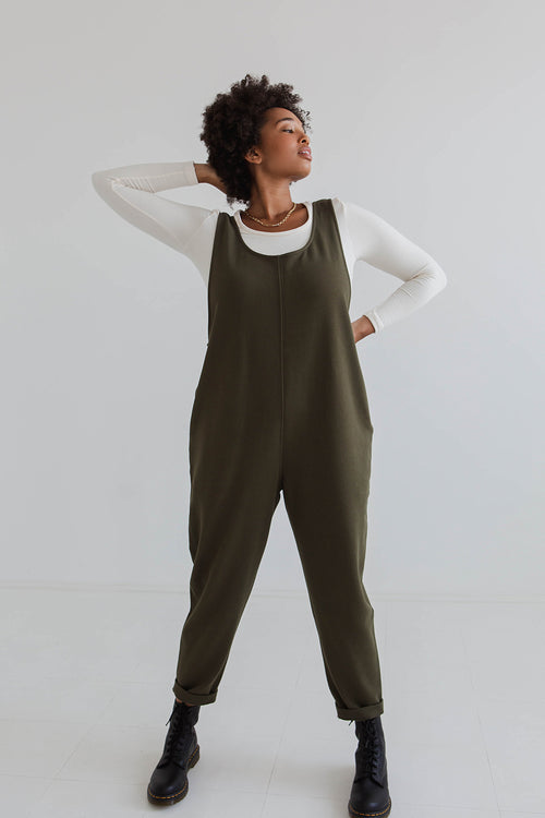 model wears olive jersey laura jumpsuit