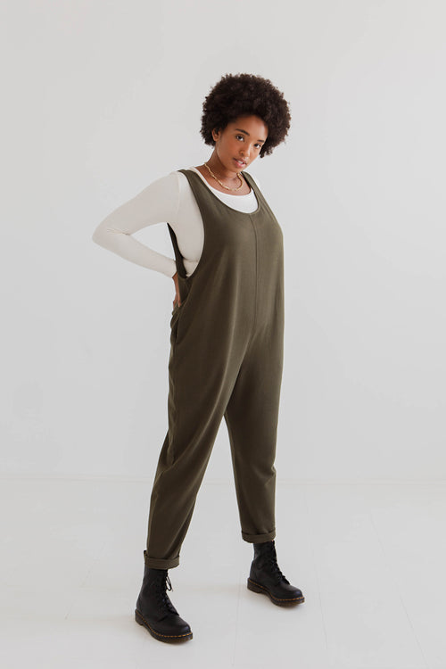 model wears olive jersey laura jumpsuit