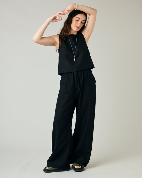 model wears black linen lexi trousers