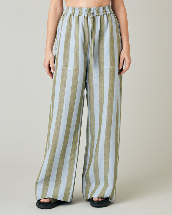 model wears meadow stripe lexi linen trousers front