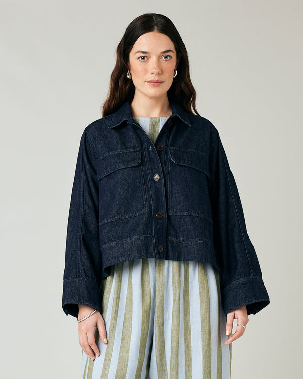 model wears denim lotta jacket