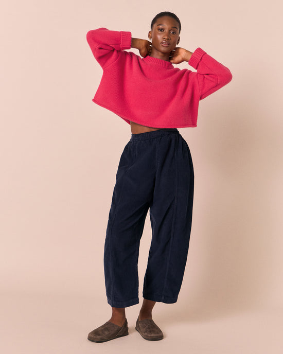 model wears mabel navy cord trousers right