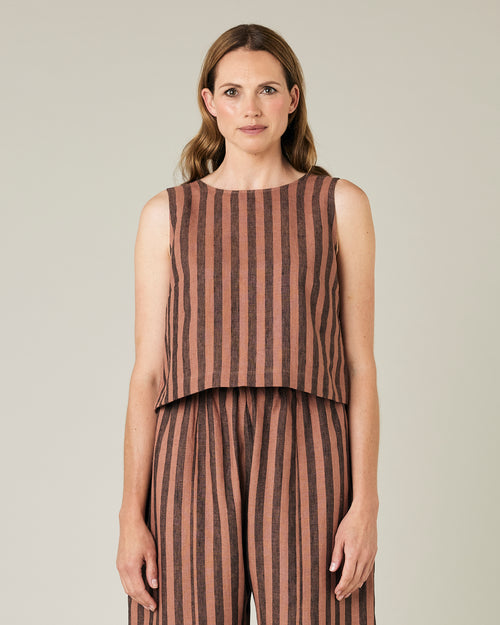 model wears biscuit stripe linen esme top